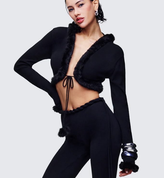 Finesse Shoshana Black Fur Trimmed Bow Tied Cardigan