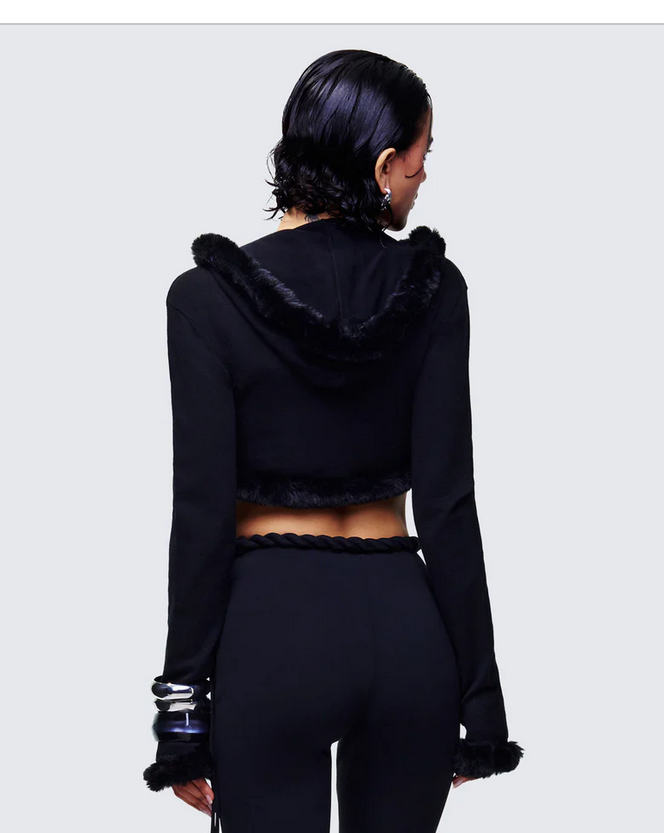 Finesse Shoshana Black Fur Trimmed Bow Tied Cardigan