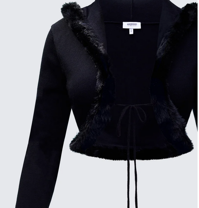 Finesse Shoshana Black Fur Trimmed Bow Tied Cardigan