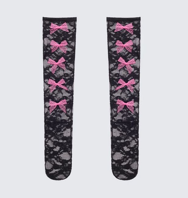 Finesse Aurora Black Knee High Lace Sock With Bow Trim