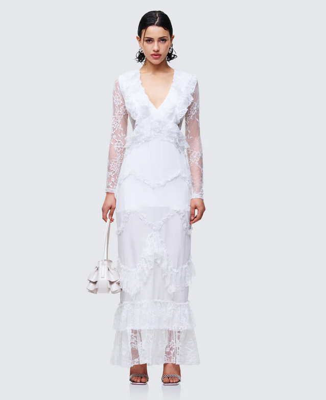 Finesse Lulea White Lace Ruffle Trim Mini Dress