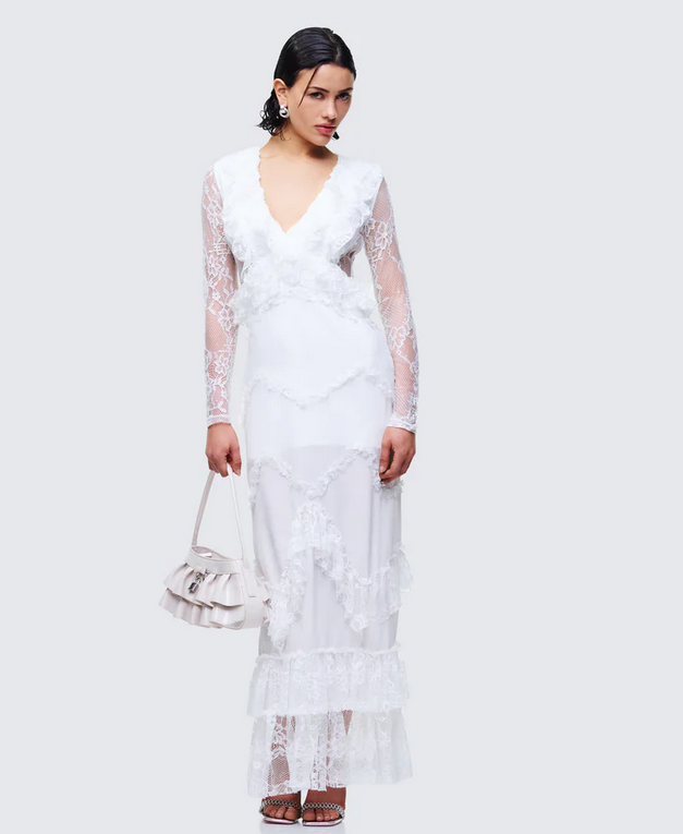 Finesse Lulea White Lace Ruffle Trim Mini Dress