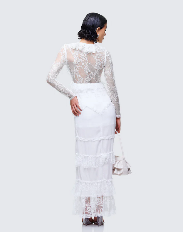 Finesse Lulea White Lace Ruffle Trim Mini Dress
