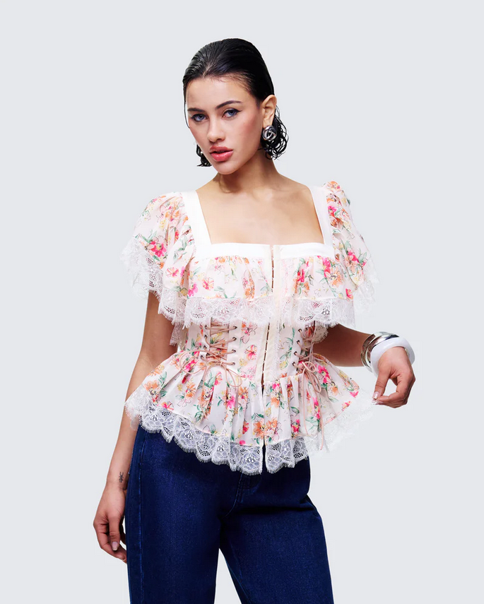 Finesse Aroa Ivory Floral Print Peplum Top