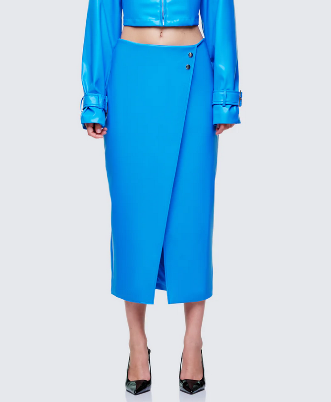 Finesse Orion Blue Vegan Leather Wrap Skirt