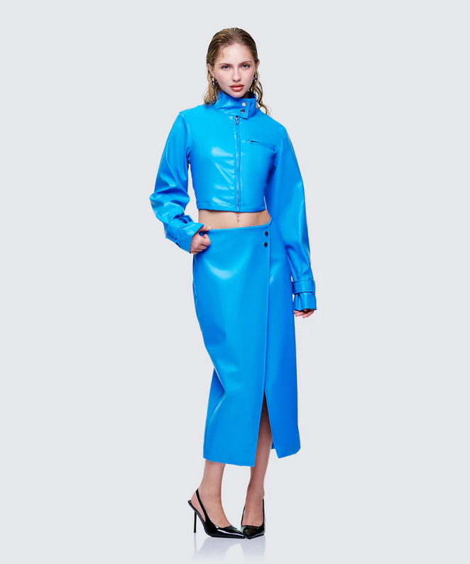Finesse Orion Blue Vegan Leather Wrap Skirt
