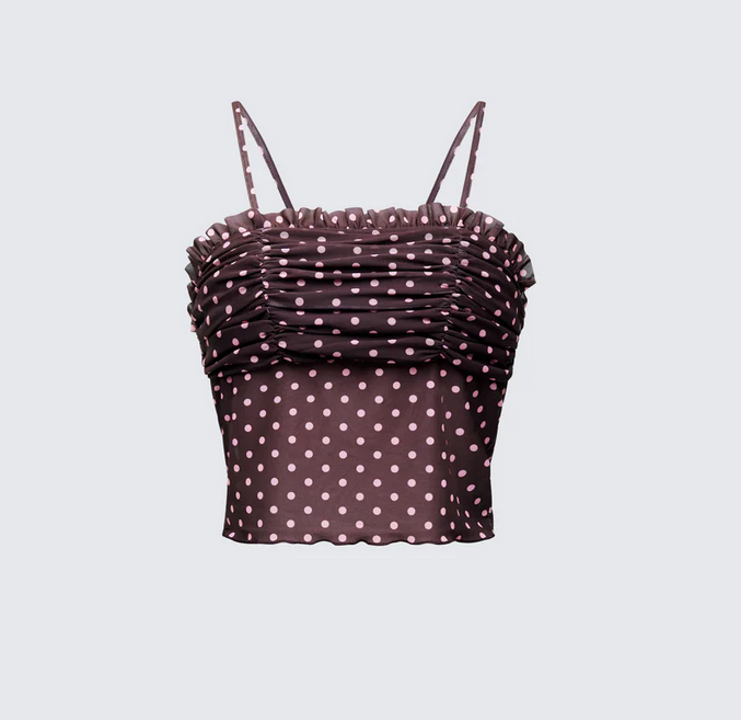Finesse Lehlani Brown Polka Mesh Ruffle Edge Cami Top