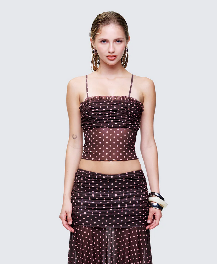 Finesse Lehlani Brown Polka Mesh Ruffle Edge Cami Top