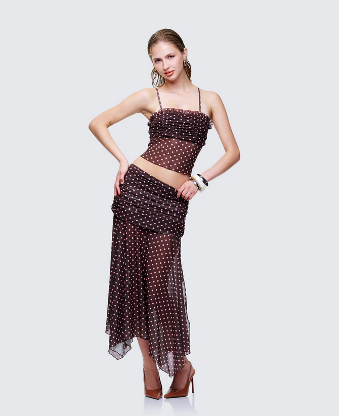 Finesse Lehlani Brown Polka Mesh Ruffle Edge Cami Top