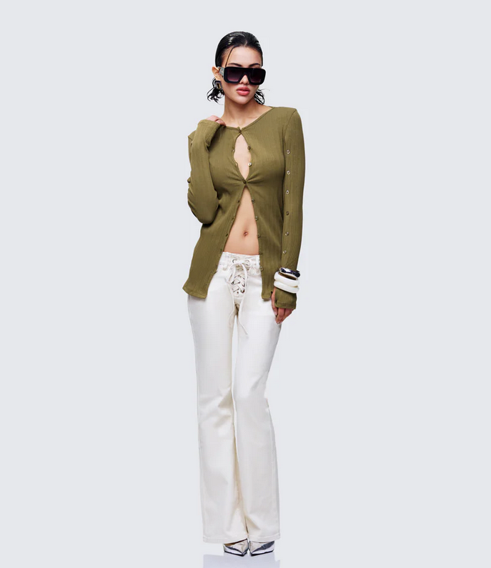 Finesse Abiola Ivory Denim Lace Up Jeans