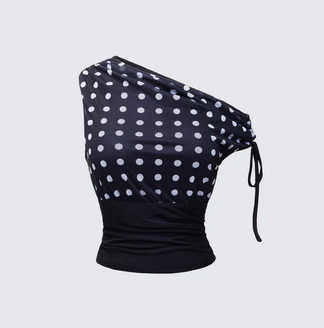 Finesse Ariana Black Polka Mesh Off Shoulder Top