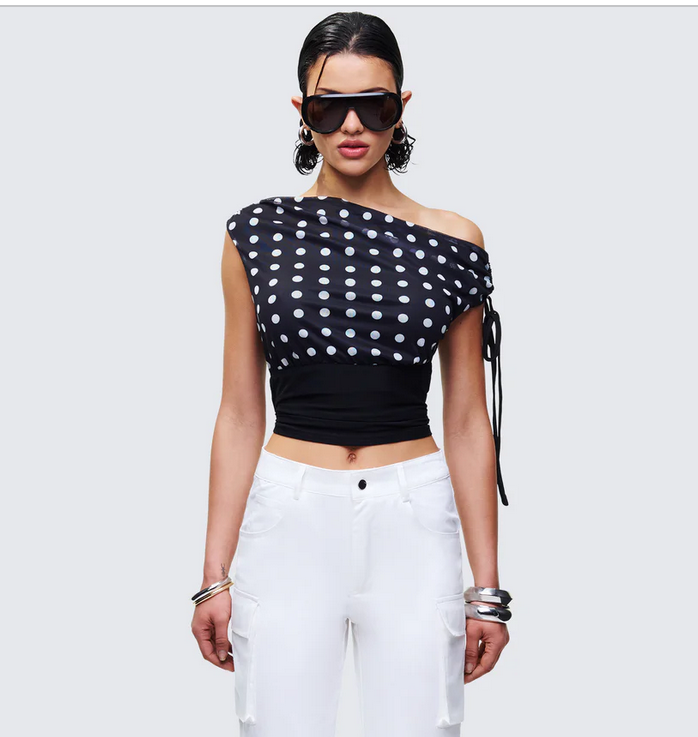 Finesse Ariana Black Polka Mesh Off Shoulder Top