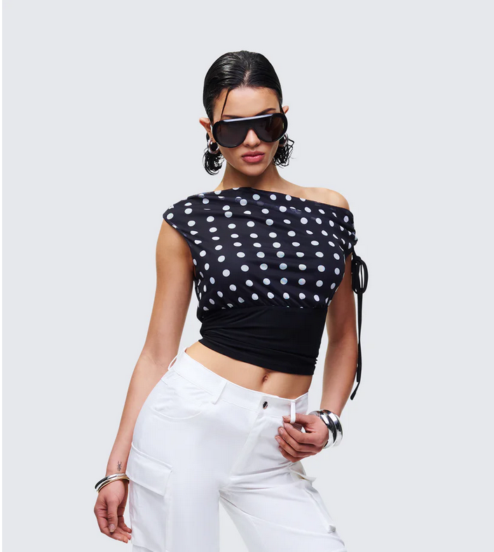 Finesse Ariana Black Polka Mesh Off Shoulder Top