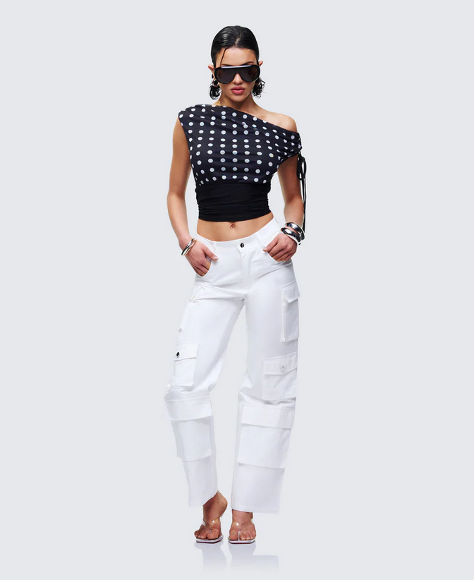 Finesse Ariana Black Polka Mesh Off Shoulder Top