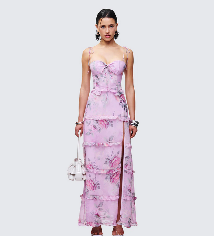 Finesse Aven Multi Printed Satin Ruffle Maxi Dress
