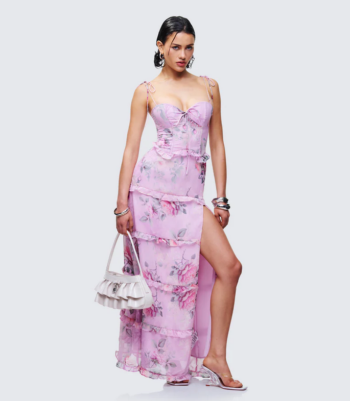 Finesse Aven Multi Printed Satin Ruffle Maxi Dress