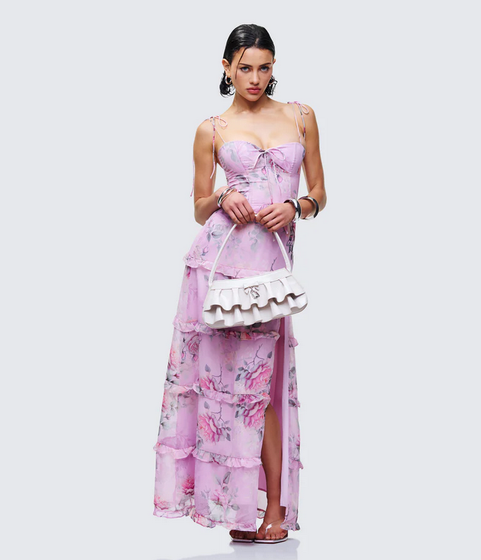 Finesse Aven Multi Printed Satin Ruffle Maxi Dress