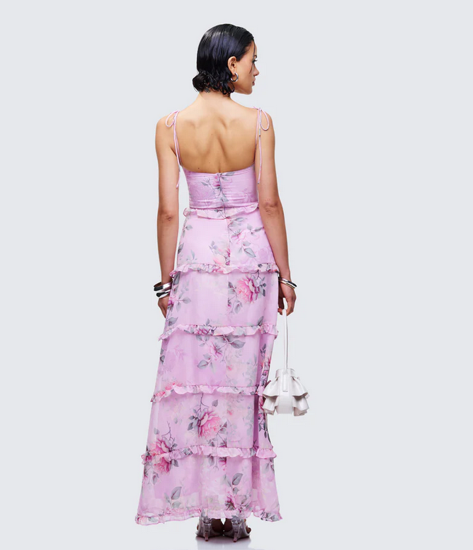 Finesse Aven Multi Printed Satin Ruffle Maxi Dress