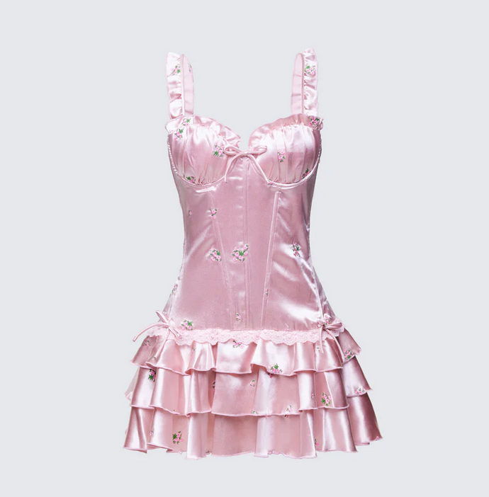 Finesse Odelle Pink Embroidered Satin Ruffle Dress