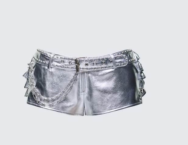 Finesse Jaxina Silver Vegan Leather Chain Belt Shorts