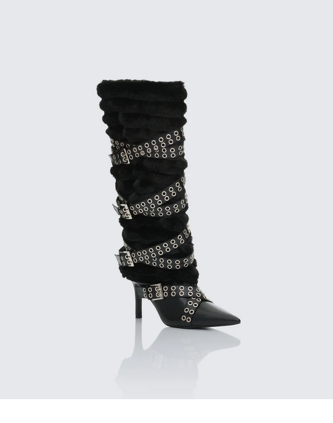 Finesse Namira Fur Knee High Buckle Strapped Boot