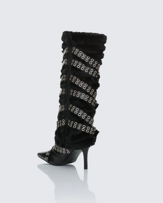 Finesse Namira Fur Knee High Buckle Strapped Boot