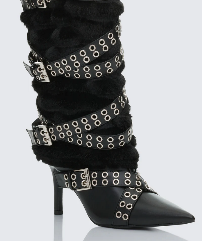 Finesse Namira Fur Knee High Buckle Strapped Boot