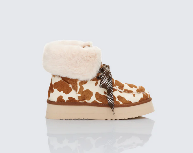 Finesse Honey Real Leather Cow Print Platform Lace Up Bootie