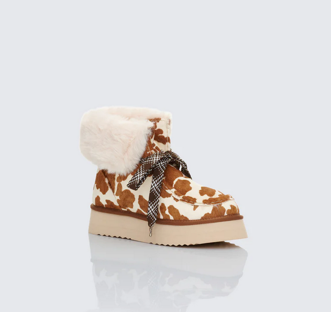 Finesse Honey Real Leather Cow Print Platform Lace Up Bootie