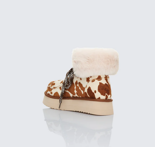 Finesse Honey Real Leather Cow Print Platform Lace Up Bootie