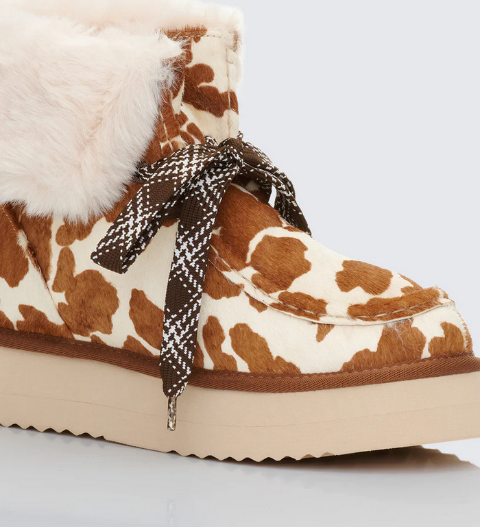 Finesse Honey Real Leather Cow Print Platform Lace Up Bootie