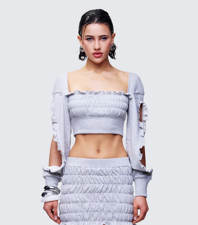 Finesse Sonet Grey Knit Ruffle Edge Open Sleeve Top