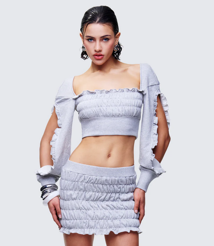 Finesse Sonet Grey Knit Ruffle Edge Open Sleeve Top