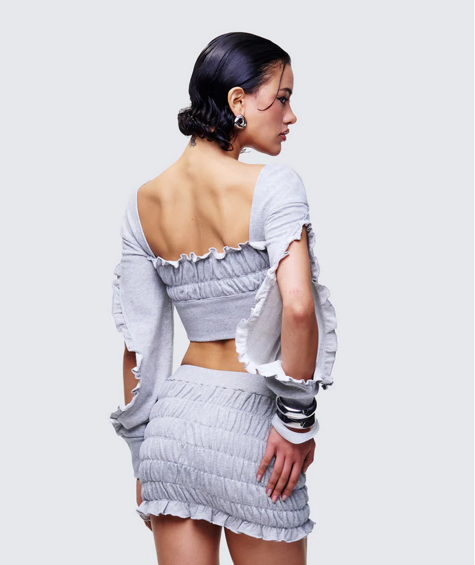 Finesse Sonet Grey Knit Ruffle Edge Open Sleeve Top