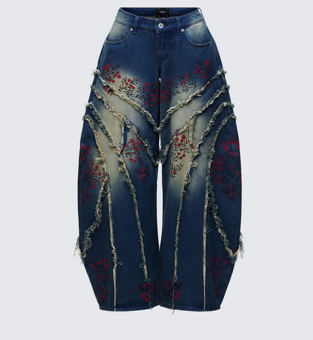 Finesse Dawn Blue Denim Floral Painted Jean