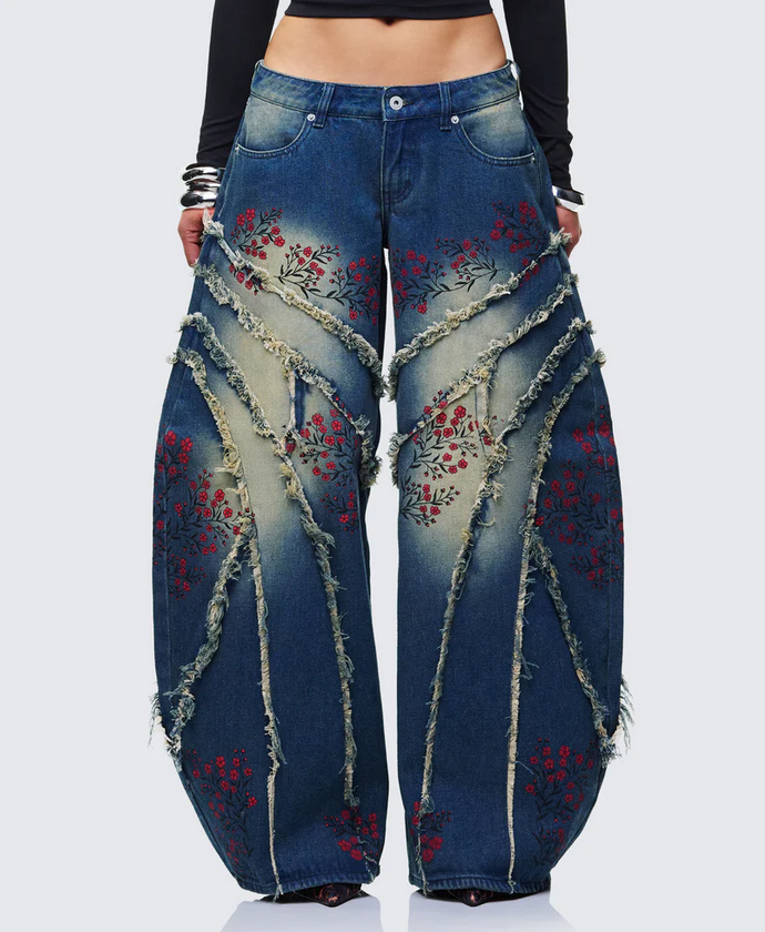 Finesse Dawn Blue Denim Floral Painted Jean