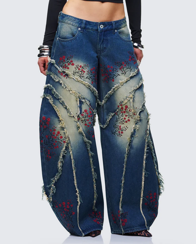 Finesse Dawn Blue Denim Floral Painted Jean