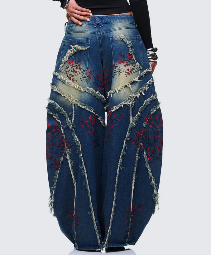 Finesse Dawn Blue Denim Floral Painted Jean