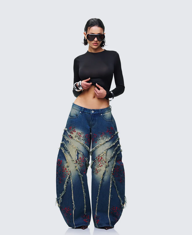 Finesse Dawn Blue Denim Floral Painted Jean