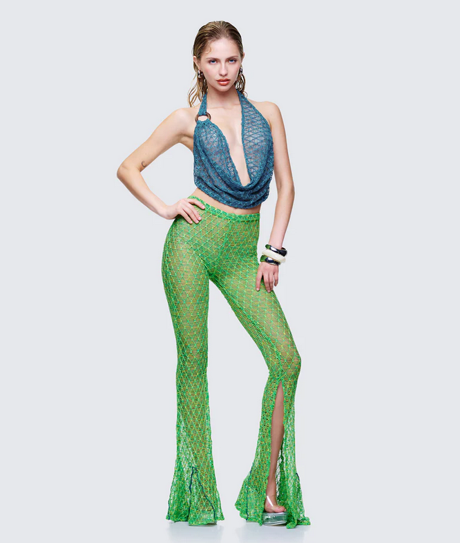 Finesse Zayla Green Net Flare Leg Trousers