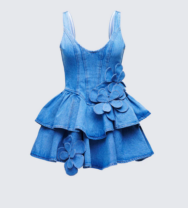 Finesse Emelina Blue Denim Flower Frill Mini Dress
