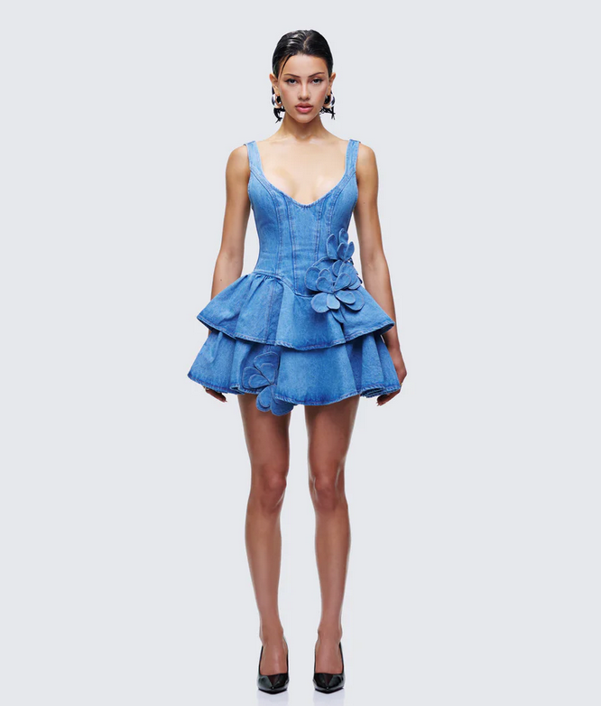 Finesse Emelina Blue Denim Flower Frill Mini Dress