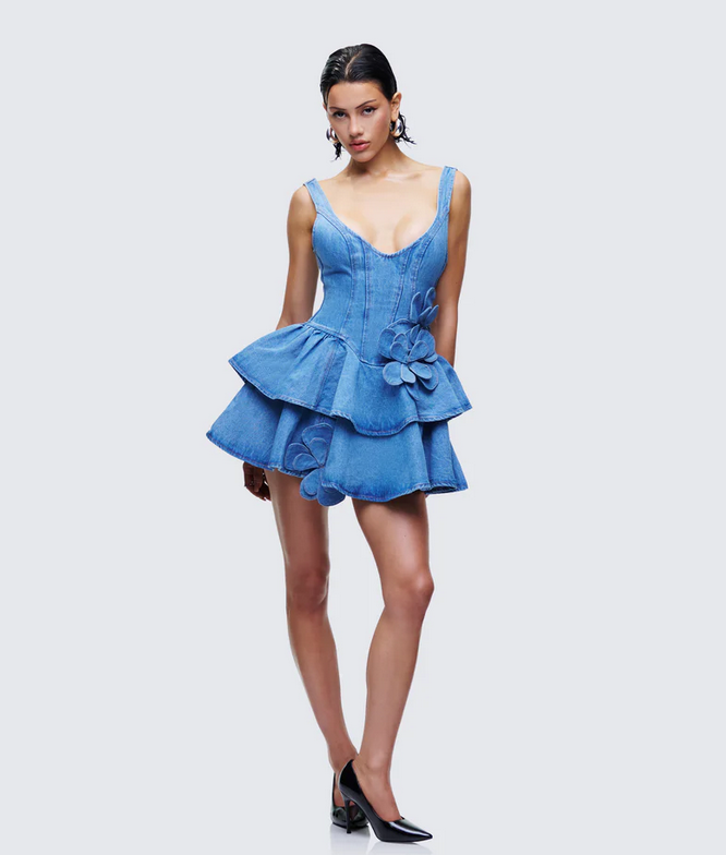 Finesse Emelina Blue Denim Flower Frill Mini Dress