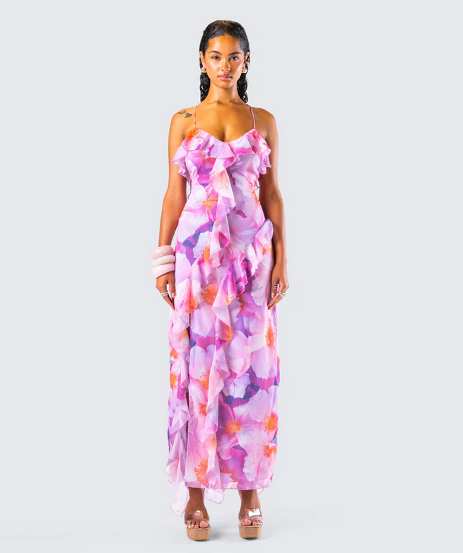 Finesse Kenya Pink Floral Ruffle Maxi Dress