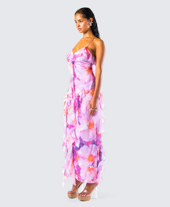 Finesse Kenya Pink Floral Ruffle Maxi Dress