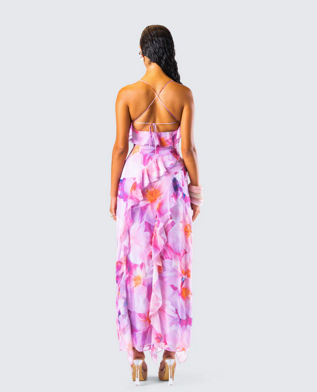 Finesse Kenya Pink Floral Ruffle Maxi Dress