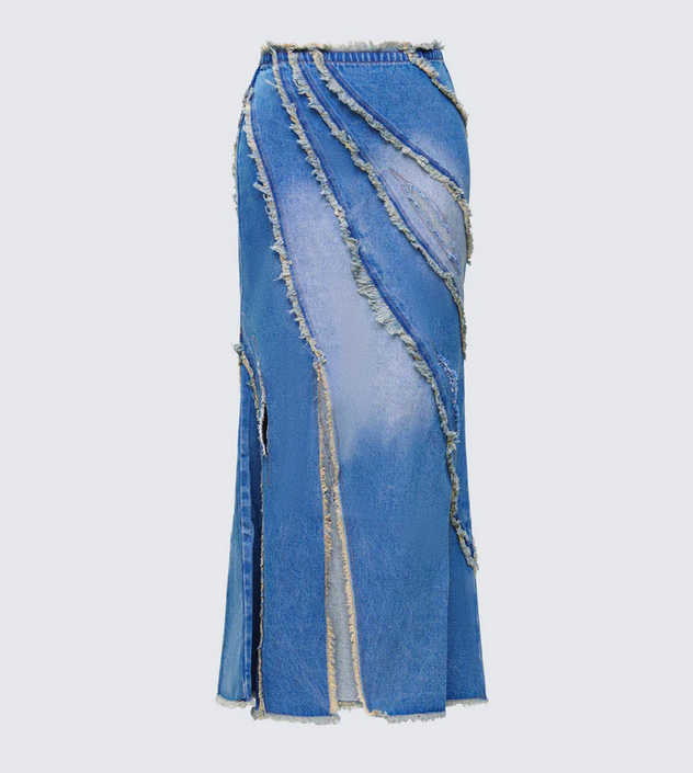 Finesse Briony Blue Denim Frayed Maxi Skirt