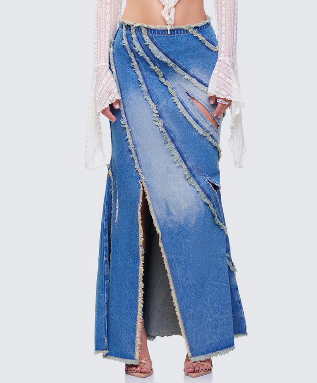 Finesse Briony Blue Denim Frayed Maxi Skirt
