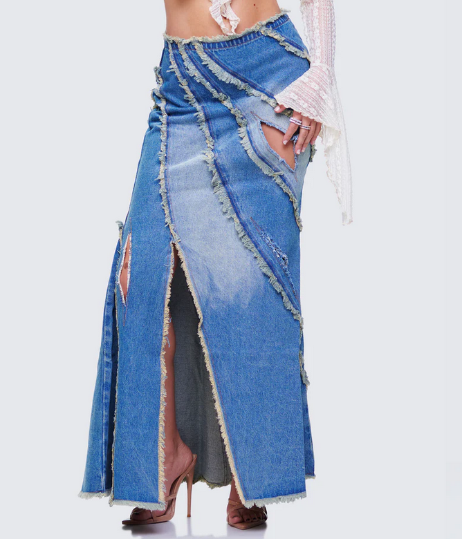 Finesse Briony Blue Denim Frayed Maxi Skirt