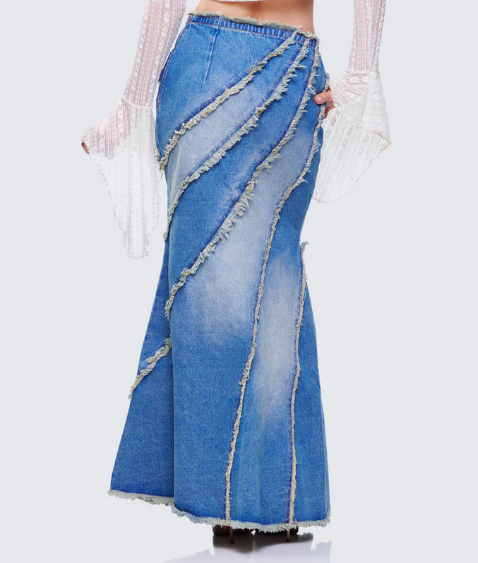 Finesse Briony Blue Denim Frayed Maxi Skirt